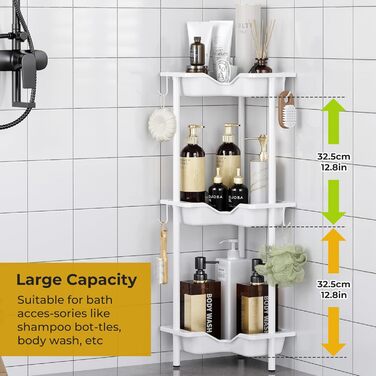 Підставка для душу OriwarE без свердління, кутова, 3 яруси, з гачками, нержавіюча сталь, пластик, білий