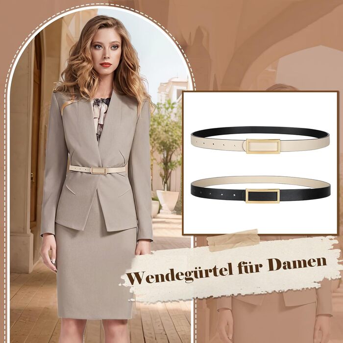 Жіночий ремінь VONMELLI вузький двосторонній шкіряний, чорний/бежевий, 120 см (талія 93-103 см) для суконь, джинсів, штанів із золотою пряжкою