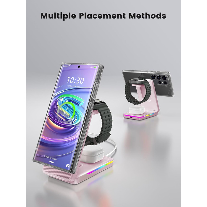 Магнітна зарядна станція 3-в-1 для Samsung Galaxy S26 Ultra, S25, Z Fold 7, Z Flip 7, Galaxy Watch Ultra 8/7/6, Buds Pro 3 (Рожева) - Бездротова зарядка Magsafe