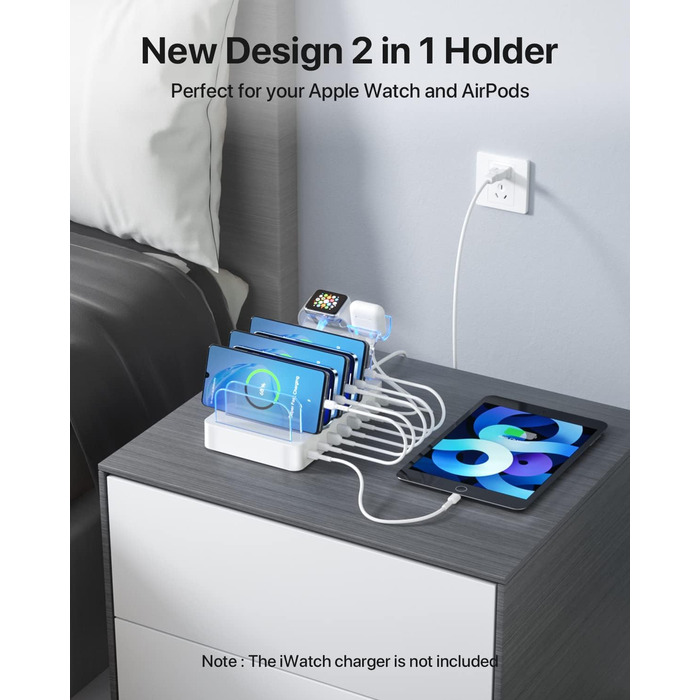 SooPii Зарядна станція USB-C 8 портів з PD 20W, кабель USB 8 шт., тримач для Apple Watch та AirPods - Біла