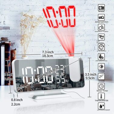 Цифровий LED-будильник-проектор з дзеркальною поверхнею, FM-радіо, USB-портом, гігрометром та термометром, білий