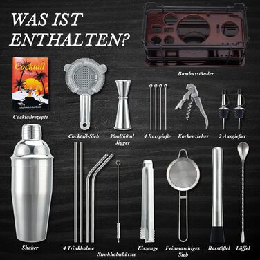 Набір для коктейлів Boston Cocktail Shaker Set 20 предметів з підставкою, 825 мл, нержавіюча сталь, для дому, професійний, з аксесуарами та рецептами, ідеальний подарунковий набір (сріблястий)