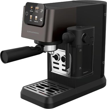 GRUNDIG KSM 5330 Espresso Machine with Integrated Milk Container, 1628 W Power, 15 bar Pump Pressure, Dual Nozzle, Color Touch Display, BrewSense, CreamyPro, Dark Inox/Black. With Milk Container