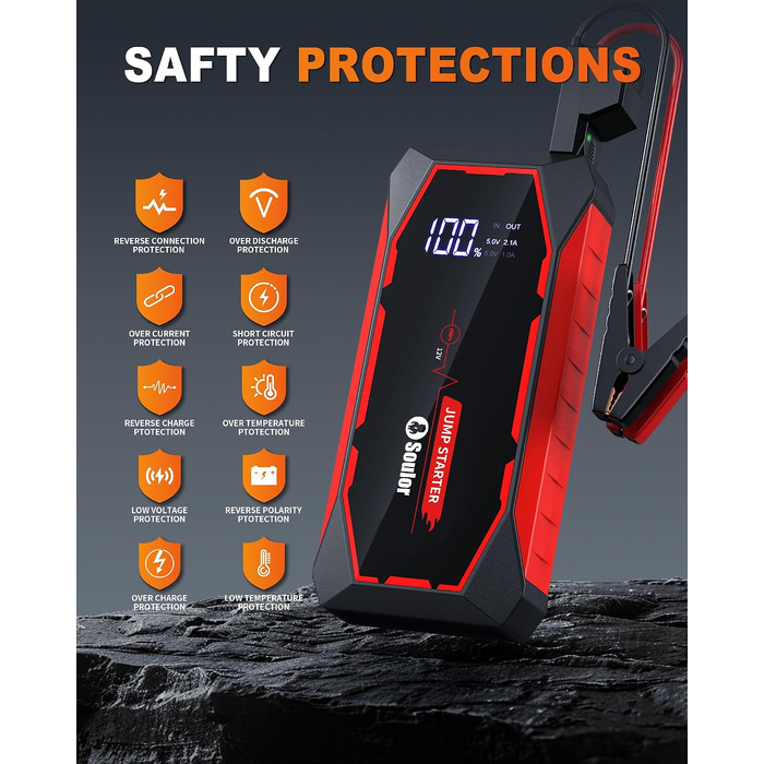 Бустер для автомобіля Cy8 5000A — Потужний пусковий пристрій (Jump Starter) для бензинових двигунів до 8л та дизельних до 6л, 12V, з LED-ліхтарем та EVA-кейсом