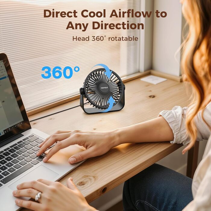 USB Настільний вентилятор TriPole: 3 швидкості, регульований, потужний, 360° обертання, кабель 1,5 м, чорний