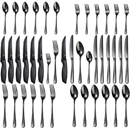 Набір столових приборів на 6 осіб Targzier 36 предметів: ложки, виделки, ножі для стейку. Якісний набір столових приборів з нержавіючої сталі, чорний колір, для сім'ї, вечірки, готелю, придатний для миття в посудомийній машині.