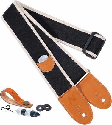 Гітарний ремінь з бавовни та шкіри з кишенькою для медіатора - для електрогітари (чорний)