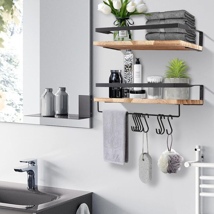 Настінна полиця з дерева, 2 шт. у наборі, рустикальний стиль, з тримачем для рушників, світло-коричневого кольору, для спальні, вітальні, ванної кімнати, кухні, офісу