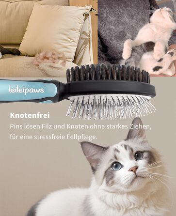 Двостороння щітка для собак та котів - розпушувач для довгої та короткої шерсті, металеві щетинки та натуральна щетина, ергономічна ручка TPR, м'який та ефективний догляд за шерстю (Синьо-Чорний)