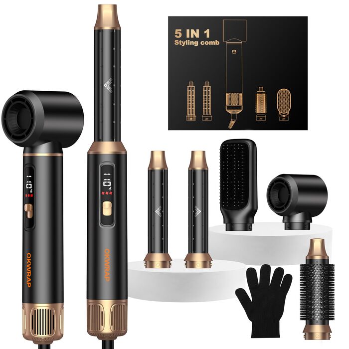 OKWRAP Haarstyler 5-в-1: Airbrush з LCD, Набір для укладки волосся, Фен з насадками, Випрямляч, Локони, Чорний