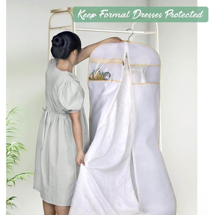 Чохол для вечірньої сукні MISSLO, 177см, дихаючий, з кишенями, для подорожей, білий. Підходить для весільних та довгих суконь, костюмів.