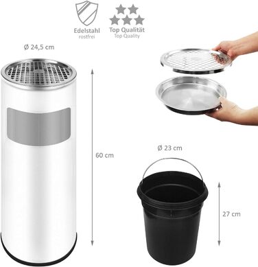 WELLGRO Асбечка-контейнер для сміття 2в1 з нержавіючої сталі для вулиці. Стійка, пожежобезпечна, велика, біла. Підходить для тераси, входу, комерційних приміщень.