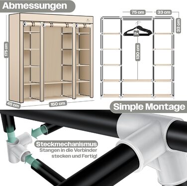 KESSER® Wardrobe Clothes Rack Stable with Clothes Rail & Shelves, Incl. 5x Clothes Hangers, Fabric Folding Wardrobe for Bedroom, Dressing Room Clothes Rack 150x45x175cm (Beige)