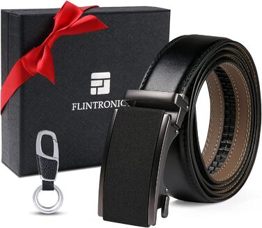 Чоловічий шкіряний ремінь Flintronic з автоматичною пряжкою, ширина 3.5 см, довжина 130 см, з лінійкою та брелоком, чорний