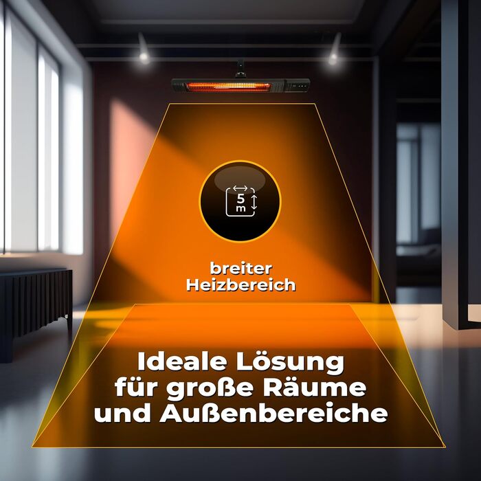 Інфрачервовий обігрівач RAY 2500W – електричний обігрівач з 9 ступенями, IP65 для тераси та приміщення, настінний, з пультом та таймером, чорний