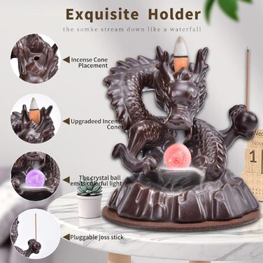 Dragon Backflow Incense Burner, Backflow Incense Holder with 20 Backflow Incense Cones, Home Decor, Ceramic Incense Burner Holder in Exquisite Present Box (Dragon with Bead)