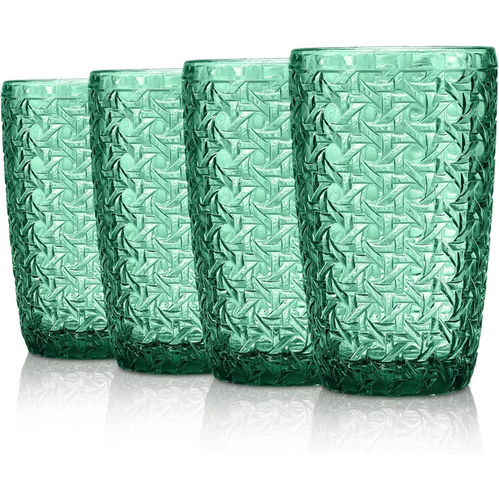 Joeyan 380ml Green Drinking Glasses with Embossed Design, Water Glasses Dishwasher Safe, Long Drink Glasses Set of 4