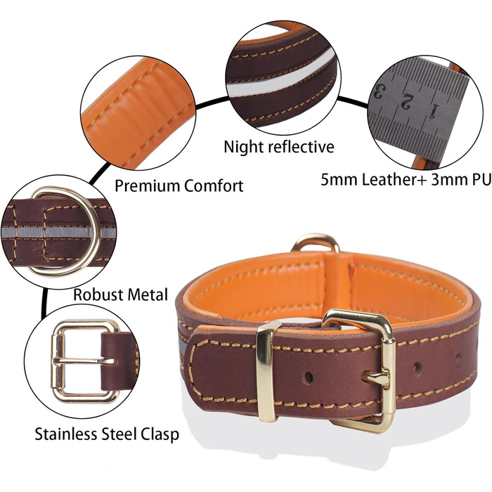 Нашийник для собак з натуральної шкіри, регульований, з м'якою підкладкою, для середніх, великих та екстра-великих порід (колір: коричневий, розмір: M)