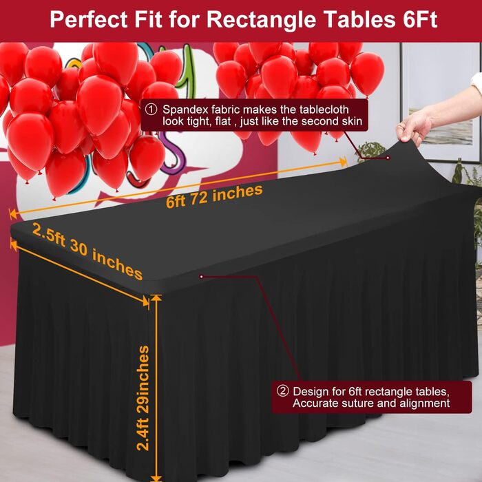 Thick 2-in-1 Spandex Table Skirt and Table Cover 6ft, Rectangle Fitted Tablecloth with Pleated Skirt, Table Linens for Banquets Event (Black, 72
