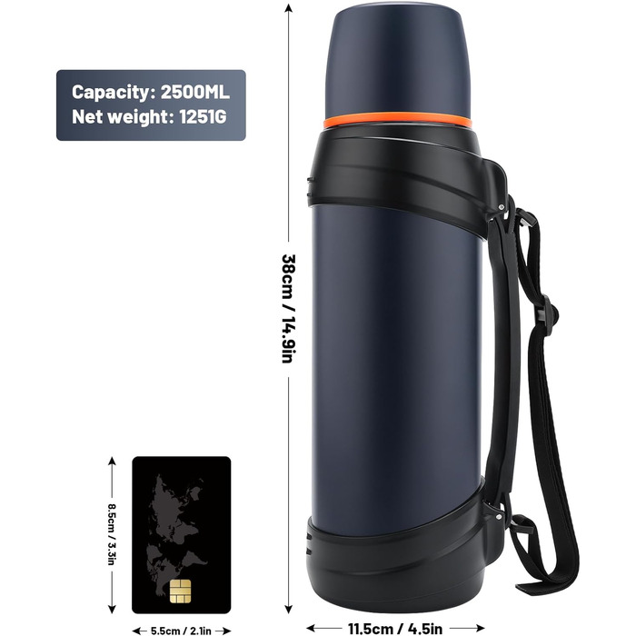 2.5L Thermos Flask/Thermos Jar, Stainless Steel Insulated Flask/Drinking Bottle, Insulated Flask with 2 Drinking Cups, Double-Walled Insulation Camping Water Bottle, 24h Hot & Cold (Dark Blue)