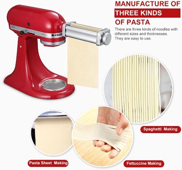 Насадка для приготування пасти Gdrtwwh для кухонного міксера KitchenAid, набір: ролик для тіста, різак для спагеті, ролик для локшини та щітка, нержавіюча сталь, ручний