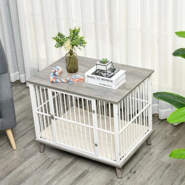 Клітка для собак PawHut, 86 x 60 x 70 см, з подушкою, білий+дуб, для собак до 15 кг