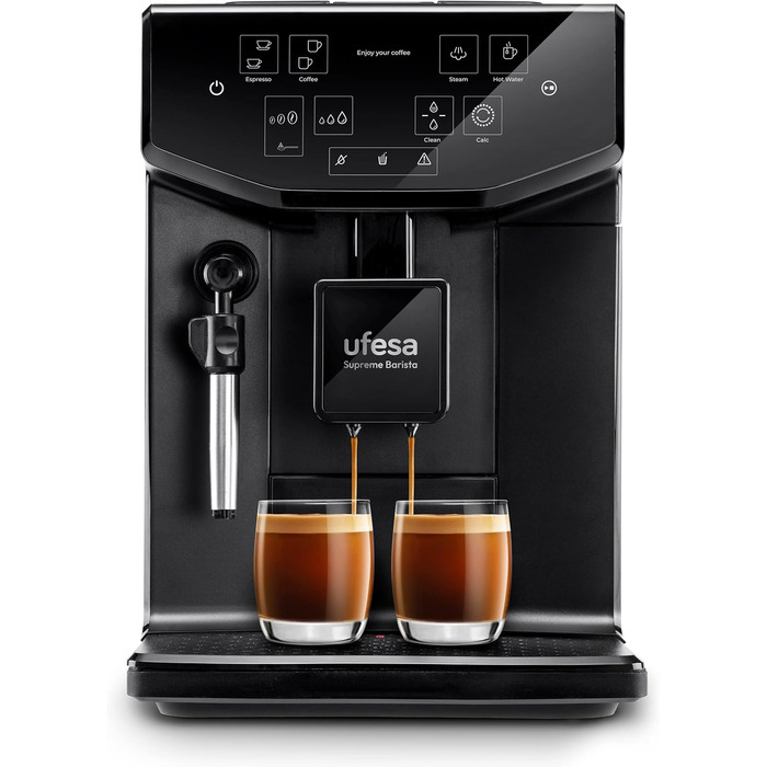 Ufesa Sienna Espresso Machine and Cappuccino Portafilter Machine with Milk Frother, 20 Bar Pressure, Digital Touch Panel, 1360W, for Ground Coffee or ESE Pads, 0.9L Water Tank, Silver (Superautomatic)