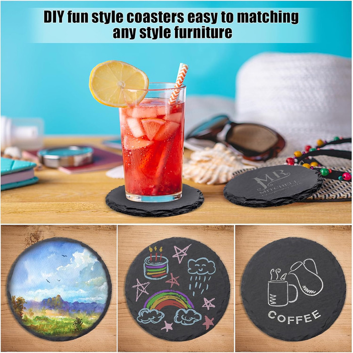 24-Piece Round Slate Coasters, VIBRATITE 10.2 cm, Black Slate Coasters with Scratch-Resistant Bottom for Drinks, Bar, Kitchen, Home Decor (6-Piece Round)