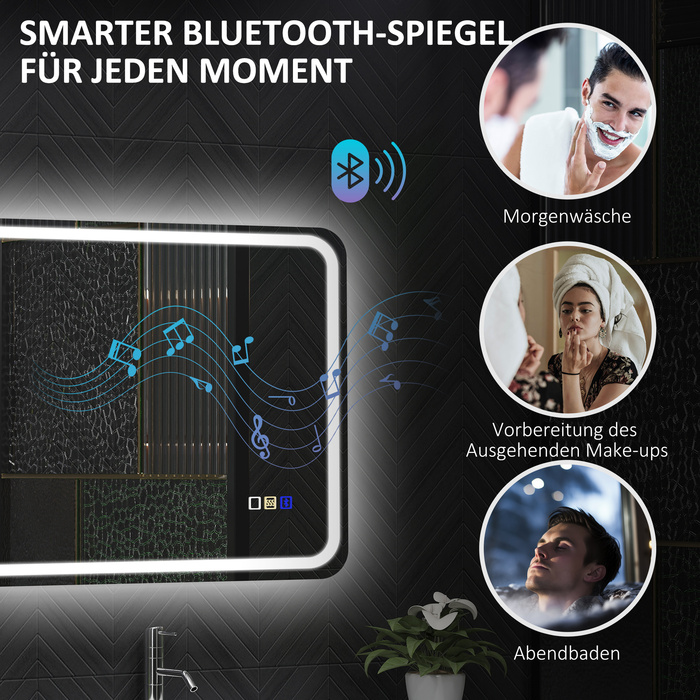 Дзеркало для ванної кімнати HOMCOM з підсвіткою 50x70 см, LED, Bluetooth, сенсорне управління, функція пам'яті, антизапітніюче, 3 кольори світла, срібляне