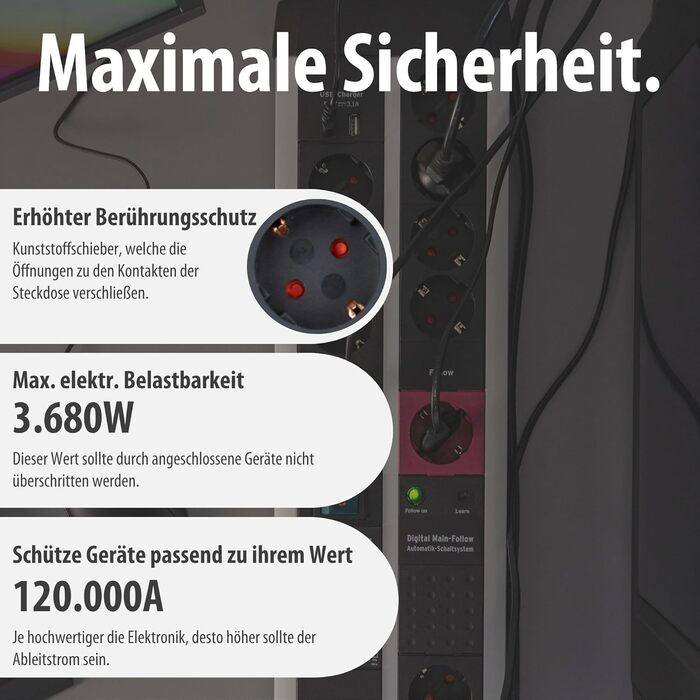 Бренненштуль Premium-Protect-Line Мережевий фільтр для геймерів з 11 розетками, USB 3.10A, захист від перенапруги, 3м кабель, Made in Germany (сріблястий/чорний)
