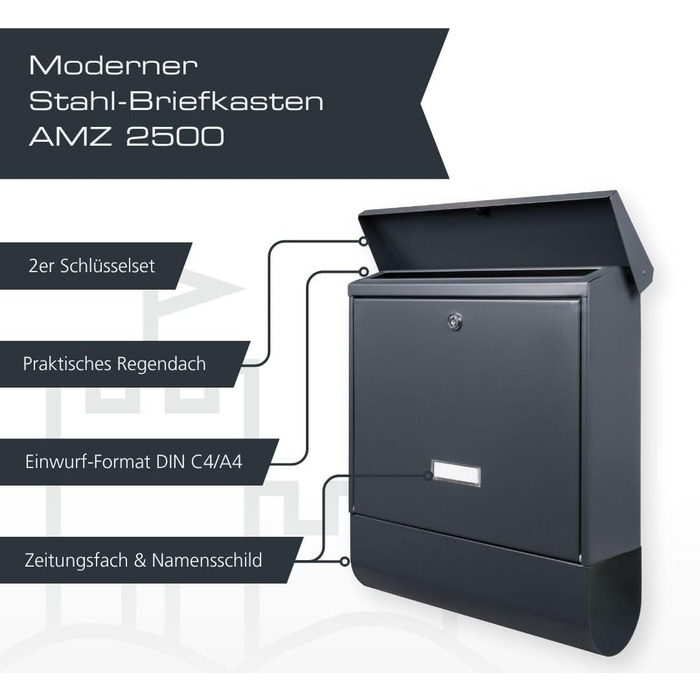 Поштовий ящик Burg-Wächter AMZ 2500 NI антрацит з газетницею та табличкою для імені, формат DIN C4, 2 ключі, нержавіюча сталь