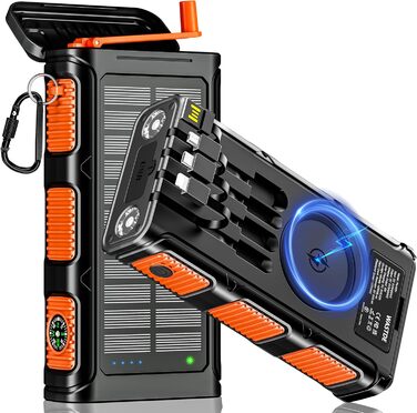 Портативний зарядний пристрій Powerbank 26800 mAh з сонячною панеллю та ручкою, 4 кабелі, USB-C, швидка зарядка, 7 виходів, 4 входи, для мобільного телефону, водонепроникний, зовнішній акумулятор для кемпінгу, оранжевий