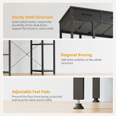 CubiCubi 120x50cm Desk with 3 Drawers & 4 Shelves - Home Office, Computer & Gaming Desk - Black