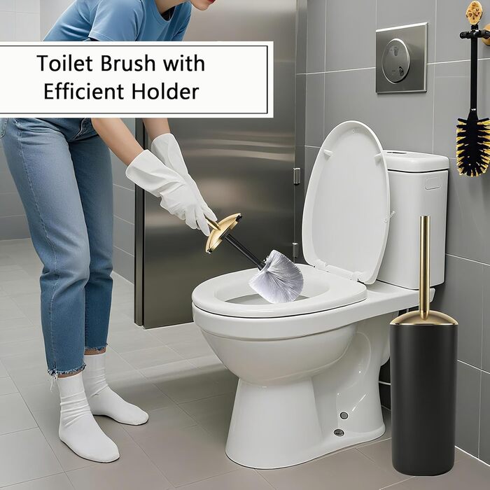 Набір аксесуарів для ванної кімнати, 9 предметів: сміттєвий бак, дозатор мила, мильниця, щітка для унітазу, тримач для зубних щіток, стакан, піднос, контейнер для ватних паличок, органайзер для стільниці, чорний та золотий