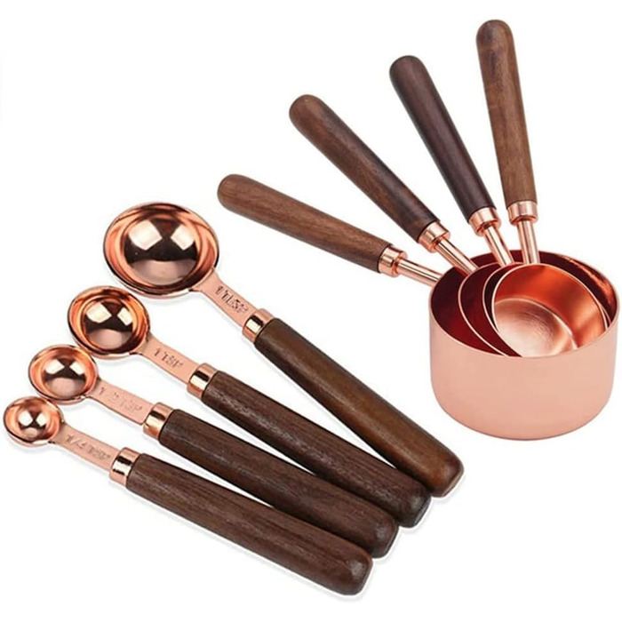 8-Piece Stainless Steel Measuring Spoon Set with Walnut Handle, Copper Measuring Cup Set for Baking and Cooking