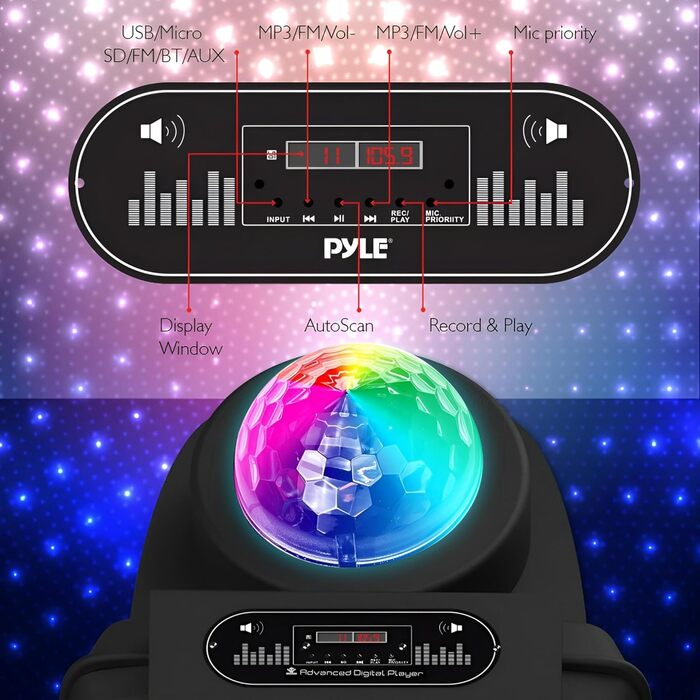 Pyle Partybox: Портативна Bluetooth-колонка з мікрофоном, 700W, LED, USB, SD, FM, BT, AUX, з ручкою та колесами