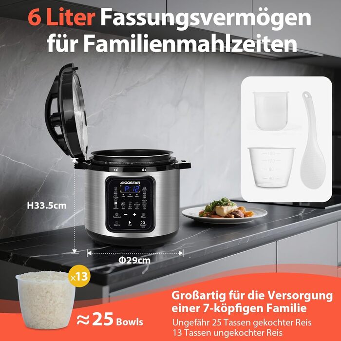 Мультиварка Aigostar 6л, 18-в-1: мультиварка, рисоварка, скороварка, йогуртниця, пароварка, підігрівач їжі, антипригарне покриття, 1000W