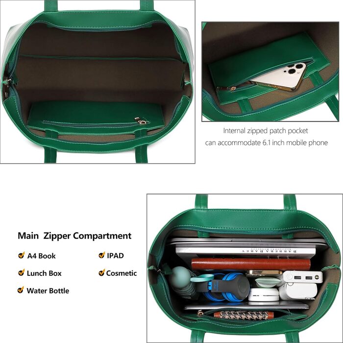 Жіноча сумка-шопер з PU шкіри Dark Green для роботи, школи, покупок з блискавкою та внутрішніми кишенями