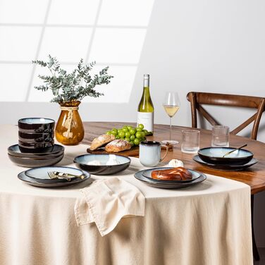 Набір посуду LeRatio для 8 осіб: 24-елементний набір посуду з кераміки з реактивною глазур'ю, стійкий до подряпин, набір тарілок та мисок, придатний для миття в посудомийній машині та використання в мікрохвильовій печі (Ozeanblau, 18 частин)