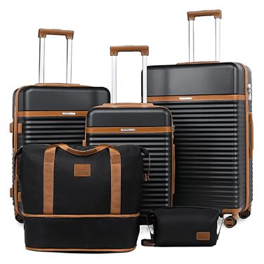 Набір валіз Joyway 5шт з ABS пластику, розширюваний, з TSA-замком. Чорний колір. Включає: валізу-троль, сумку-рюкзак та косметичку.