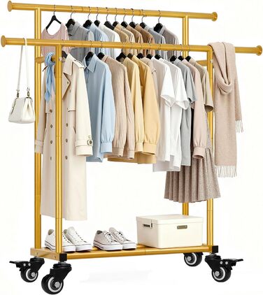Стійка для одягу Sour Lemon на коліщатках, 95 кг, з подвійними перекладинами та полицею, золото (113x41x162 см)