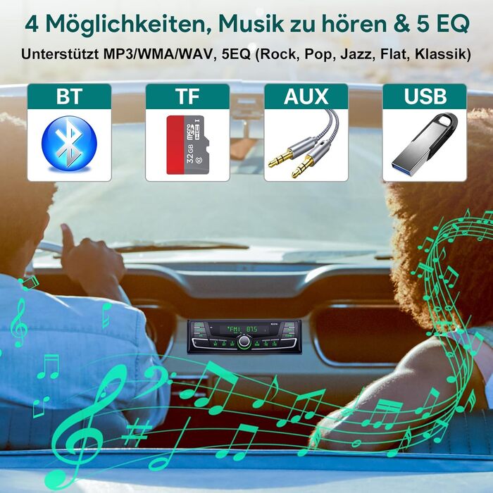 Автомобільна магнітола Wistrue 1DIN з Bluetooth, RDS, FM/AM, USB, AUX, SD, MP3, підсвічування 7 кольорів, для iOS та Android