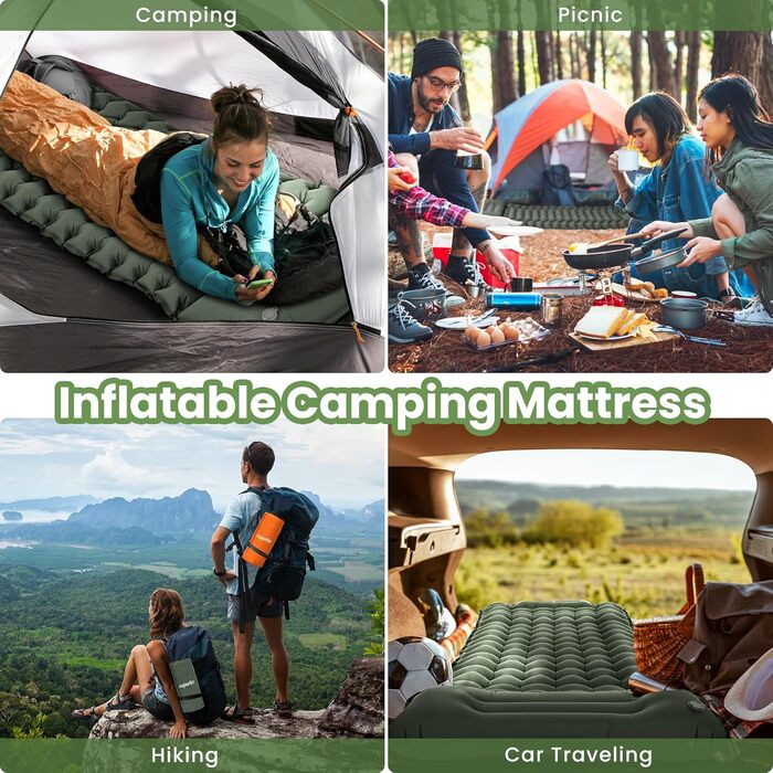 ROPODA Self-Inflating Camping Mat with Pillow & Foot Pump - Ultralight Waterproof Sleeping Pad for Outdoor, Camping, Hiking (Green & Gray)