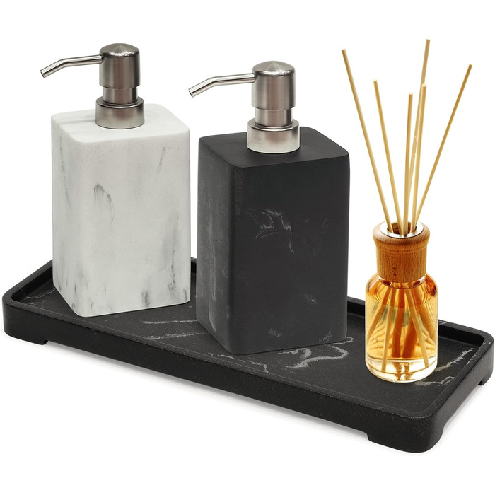 Набір дозатора для мила в ванну кімнату, чорний та білий, стиль мармуру, з нержавіючою срібною помпою, декоративний дозатор для рідкого мила та лосьйону, багаторазовий, квадратний, для кухні, 450 мл