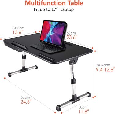 Регульований стіл для ноутбука з ящиком, чорний. Розмір: 23.6' x 13.6' x 9.4-12.6'
