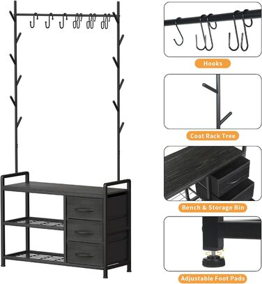 Вішалка для одягу з лавкою Leader Accessories, метал, чорний/чорне дерево, 176x30x84 см