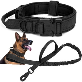Тактичний нашийник для собак з ручкою та поводок, військовий стиль, м'яке наповнення, нейлон, регульований, середні та великі породи, чорний XL