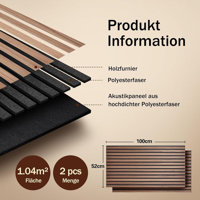 Акустичні панелі з дерев'яного шпону самоклеючі, набір 2 шт. 100x52 см, звукопоглинаючі стінові панелі для шумоізоляції та декору вітальні, офісу, коричневі