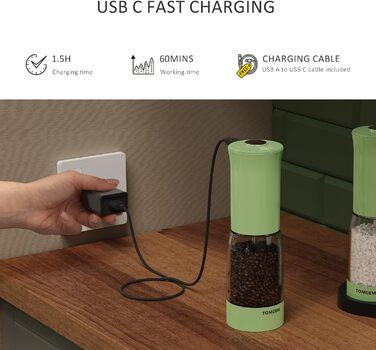 Електричні соляні та перечні млини TOMEEM 2 шт. (LED-дисплей, USB, регулювання помелу, керамічний механізм, 125 мл)