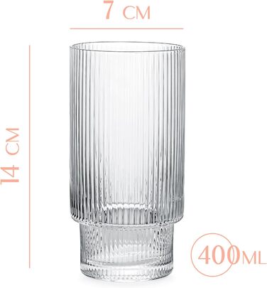 GLASSIQUE GIFT Vintage Art Deco Collins Gin Longdrink Ribbed Cocktail Glasses | 4-Piece Set | 400 ml Slim Tall Ribbed Highball Longdrink Glasses for Mojito Cocktails